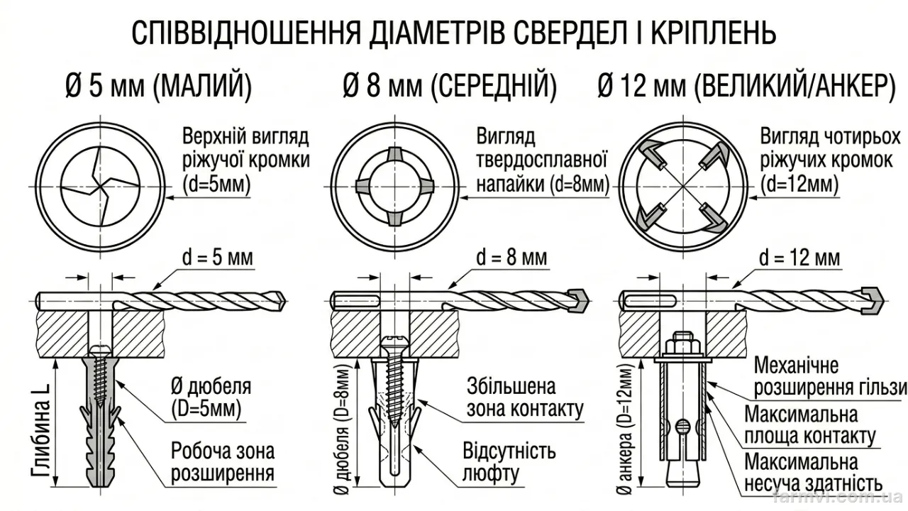 Розмірна сітка свердел і дюбелів