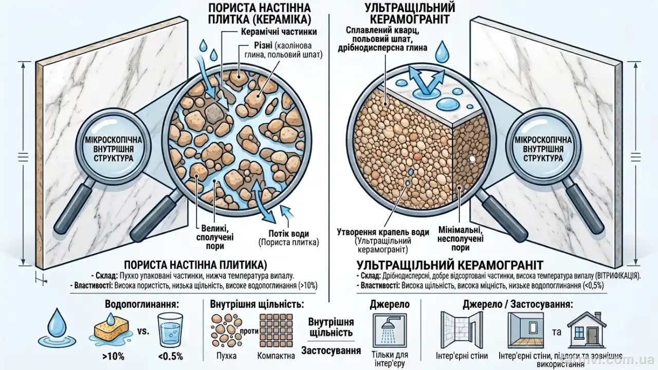 Схематичне порівняння структури пористого настінного кахлю та надщільного керамограніту.