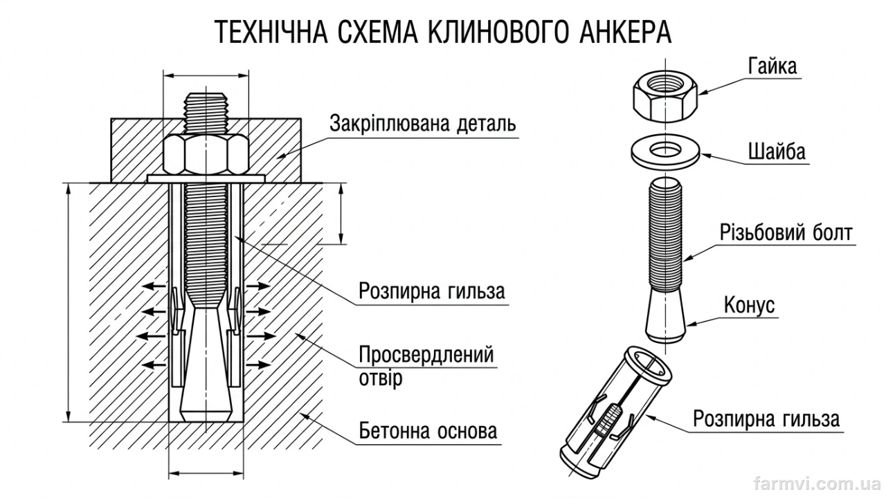Складові частини сталевого анкерного болта та розпірної гільзи