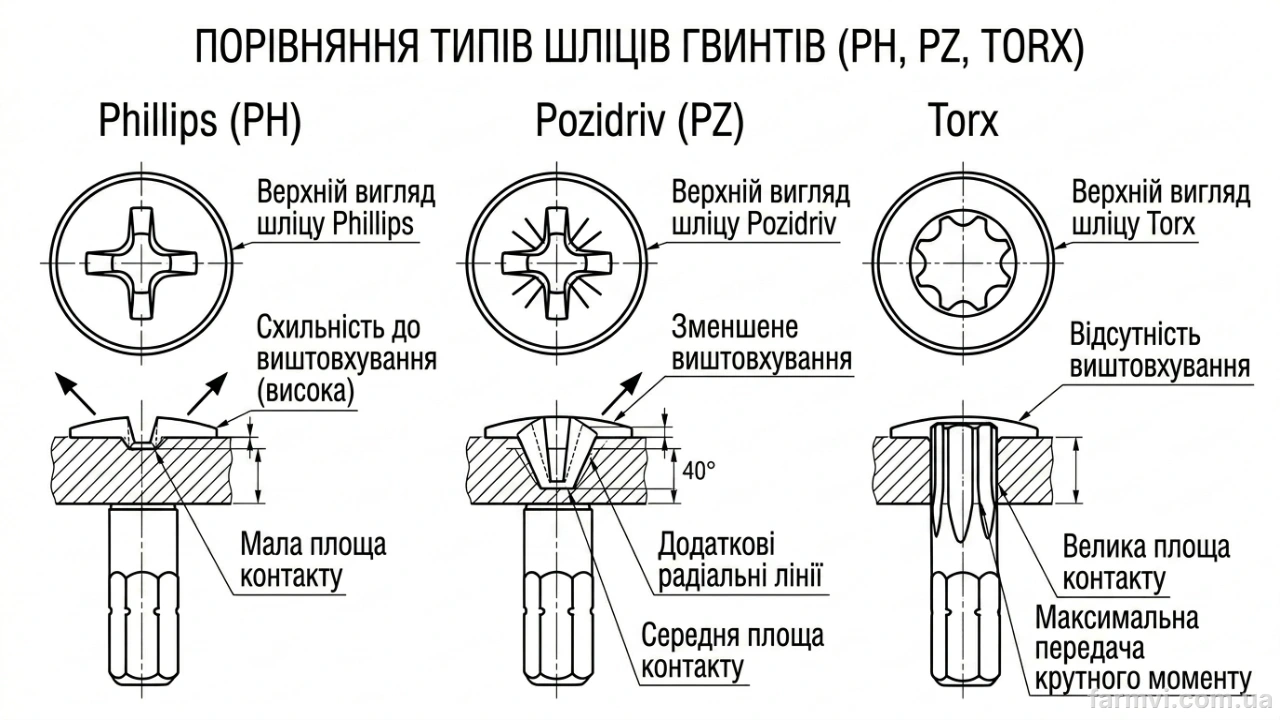 Відмінності шліців шурупів