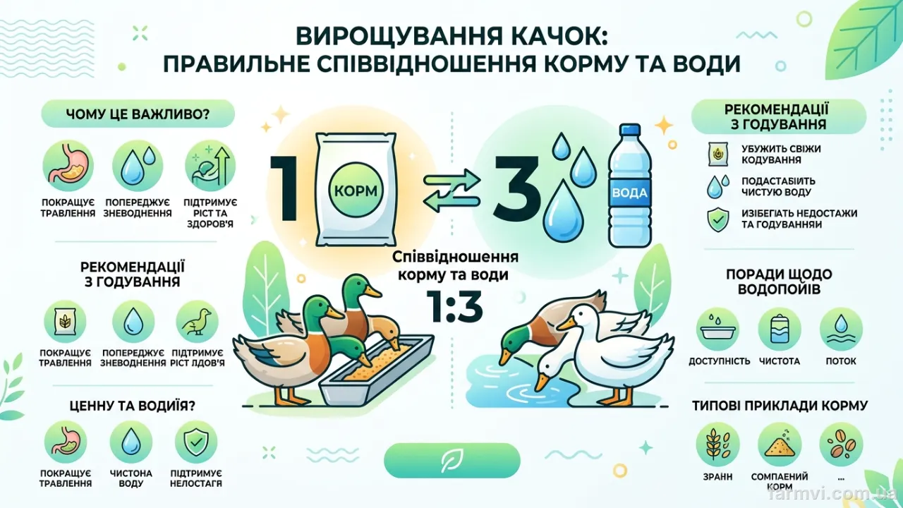 Схема співвідношення корму та води для м'ясних качок