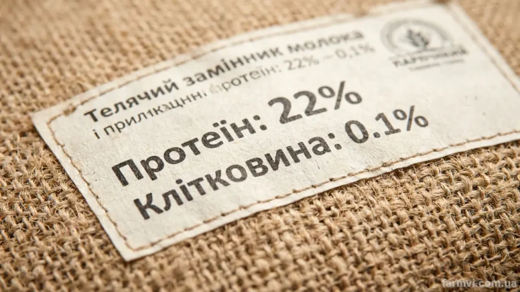 Макрофото етикетки мішка ЗНМ з показниками сирого протеїну та клітковини