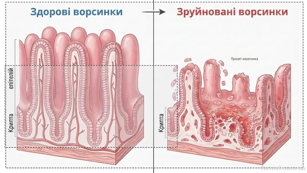 Схема руйнування кишкових ворсинок при неонатальній діареї (наукова інфографіка).