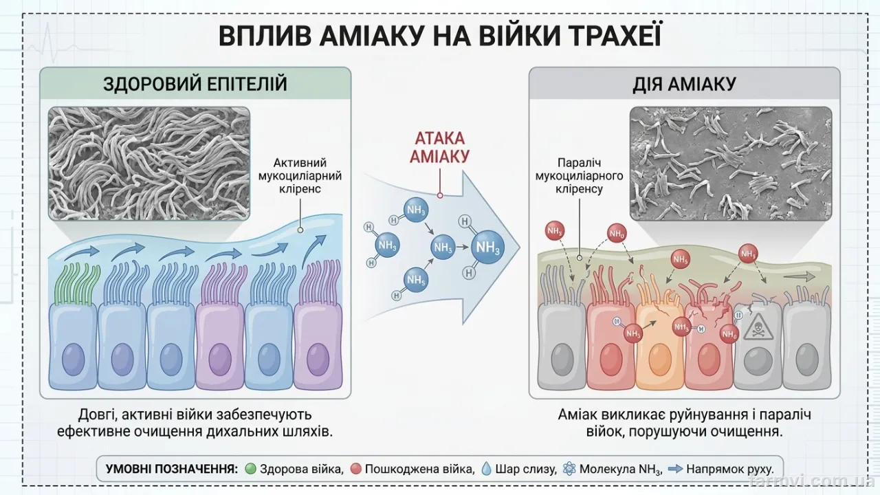 Схема руйнування війок миготливого епітелію трахеї під дією аміаку