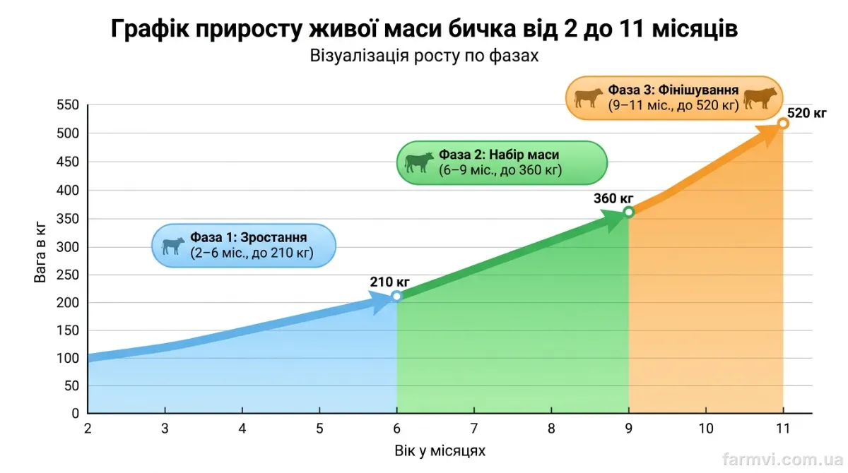 Графік збільшення живої ваги бичка від 2 до 11 місяців