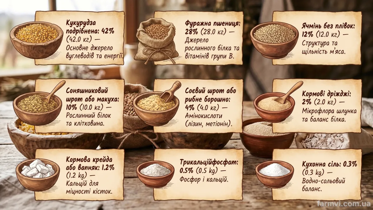 Компоненти зернової суміші для фінішної відгодівлі птиці