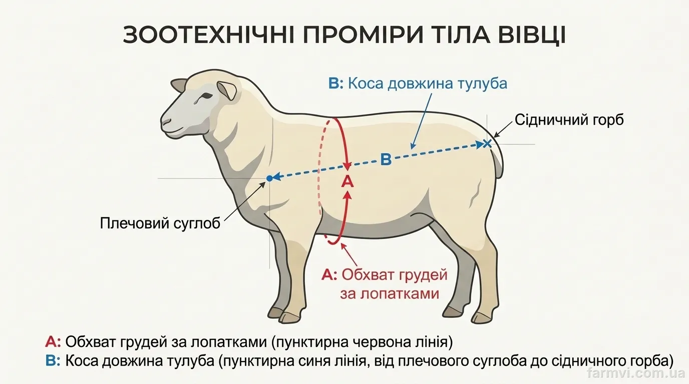 схема промірів вівці коса довжина тулуба і обхват грудей