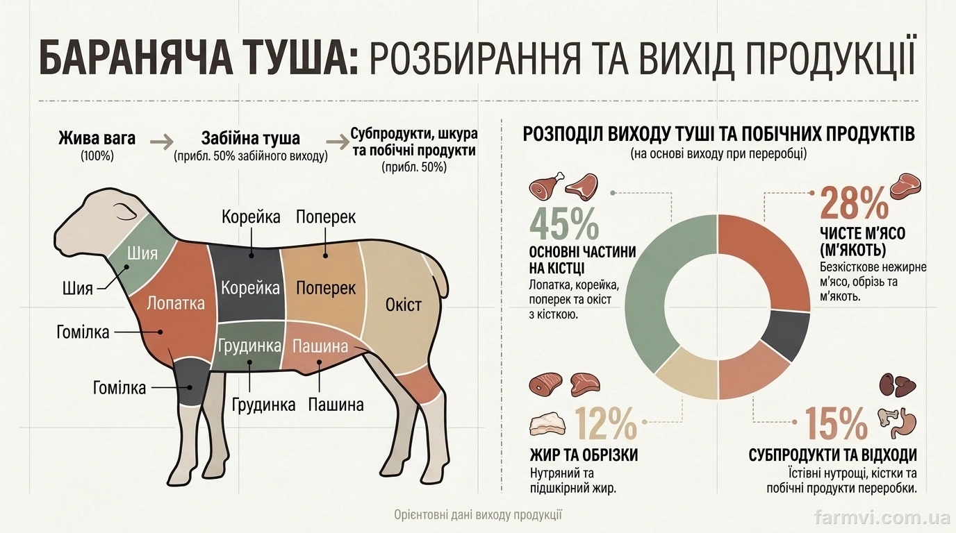 схема розрубу баранчика та забійний вихід м'яса